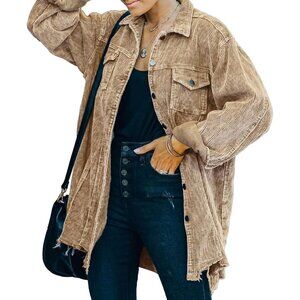 Womens Khaki Oversized Corduroy Shirt Jacket Casual Button Down Retro